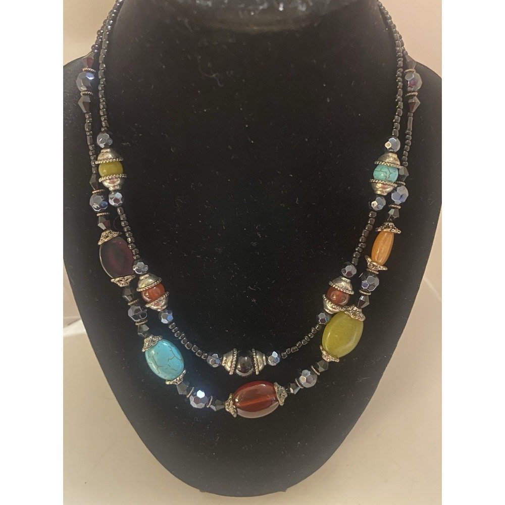 Black Bead Multi-color Stone  Station Necklace With Two Strands